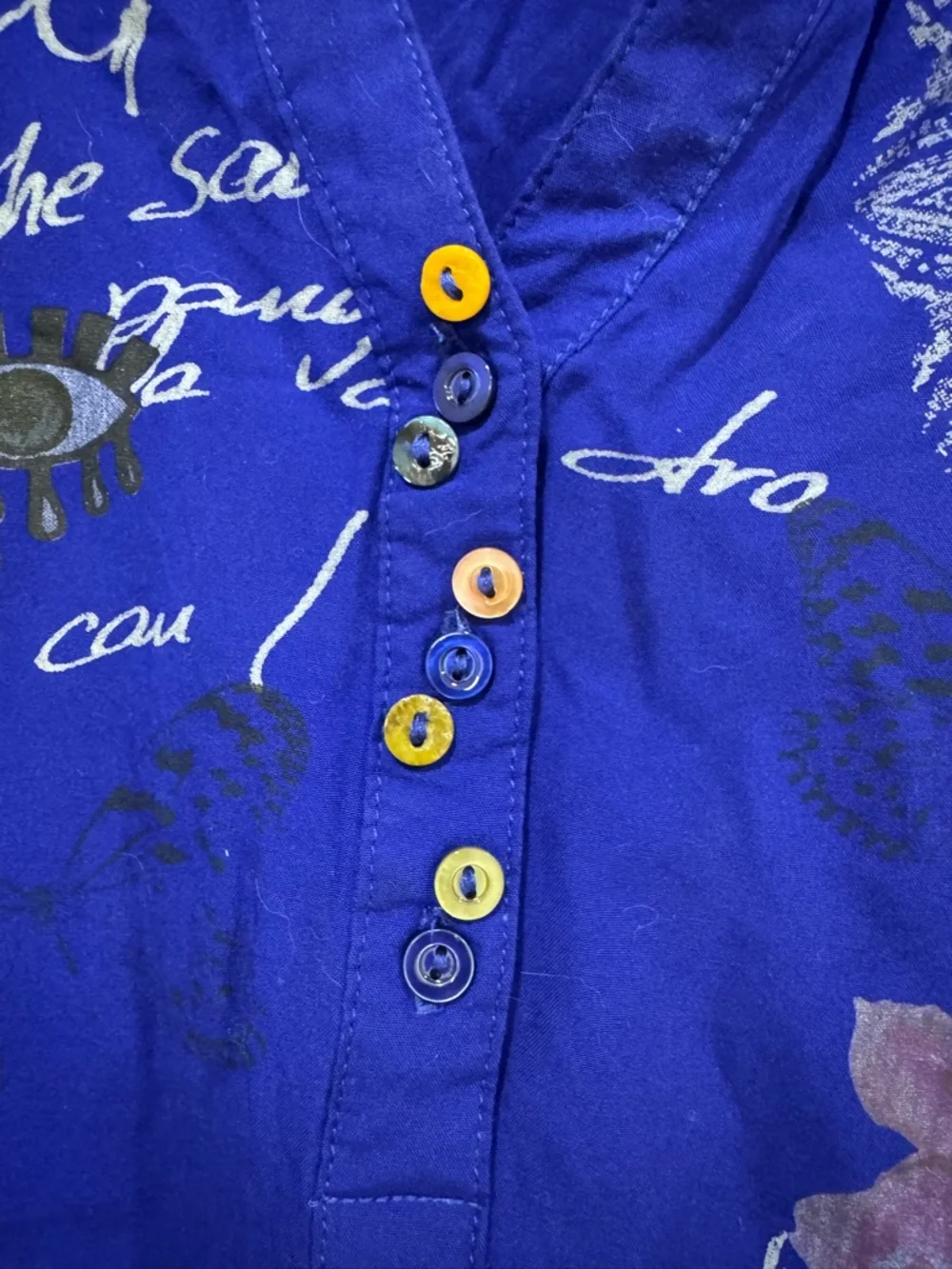 Desigual Cobalt Blue Printed Button-Front Tunic with Multicolor Motifs - Picture 2 of 4